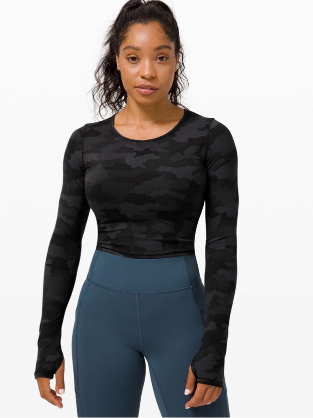 Lululemon Wunder Train Cropped Long Sleeve in Heritage 365 Camo Deep Coal Multi